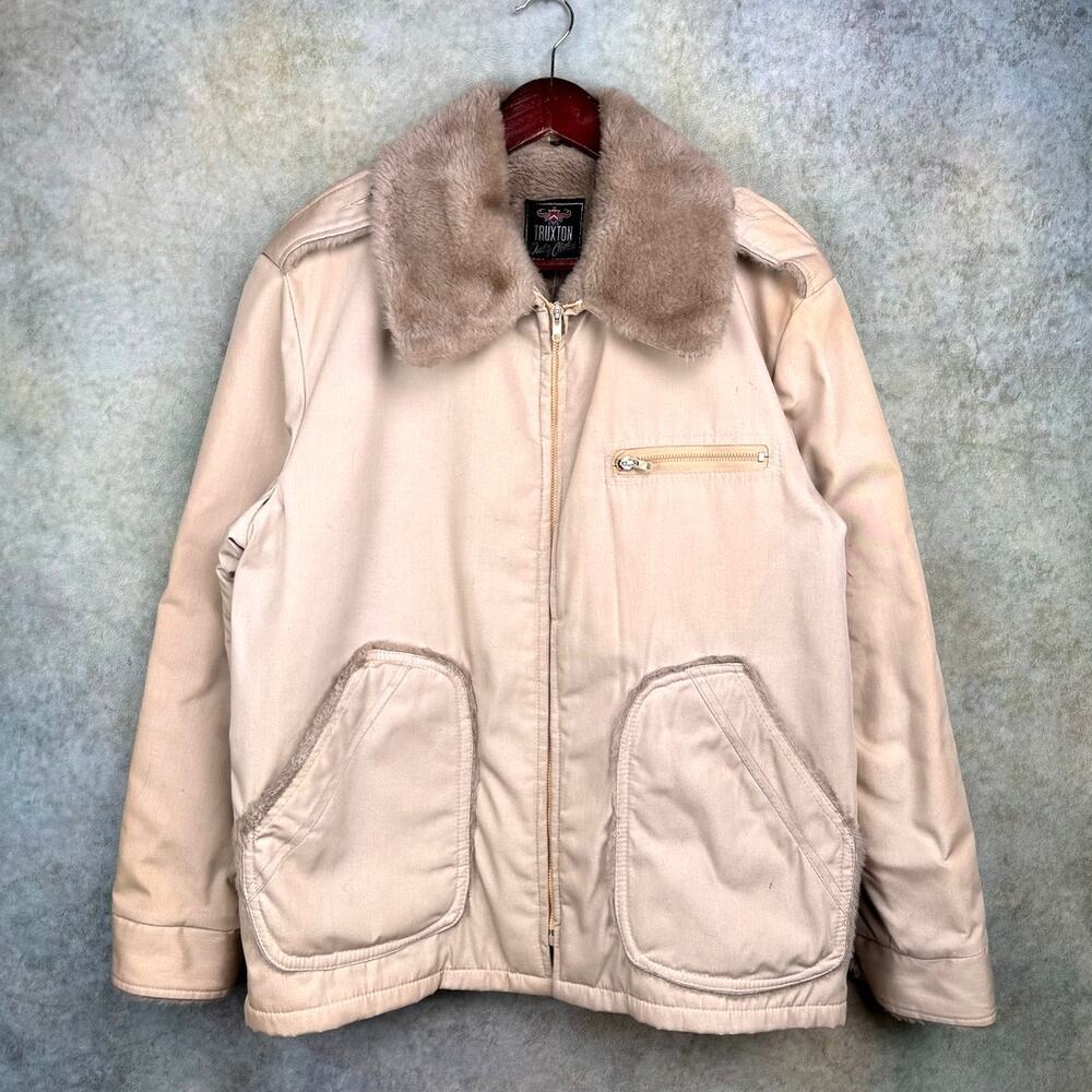 VTG 70s Pilots Jacket Sz L Beige Tan Faux Fur Full Zip Truxton Vintage Retro